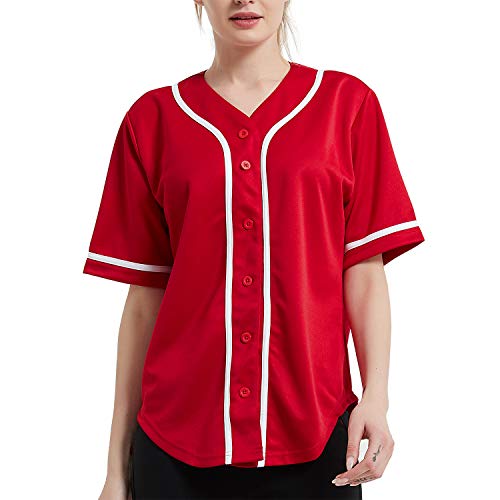 TOPTIE Women Baseball Jersey Hip Hop Hipster Button Down Baseball T Shirt-Red White-XS