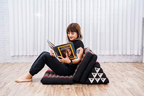 Leewadee Foldout Triangle Thai-Cushion Floor-Seat with Back-Rest TV Pillow Lounge-r Foldable Out-Door Mattress, 67x31x13 inches, Kapok, Black red - Thumbnail 2