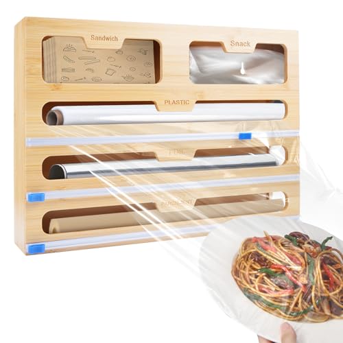 comeder Dispensador de papel de aluminio 5 en 1 con cortador, dispensador de envoltura, dispensador de película adhesiva, soporte organizador de rollo de bambú para papel de aluminio, envoltura de