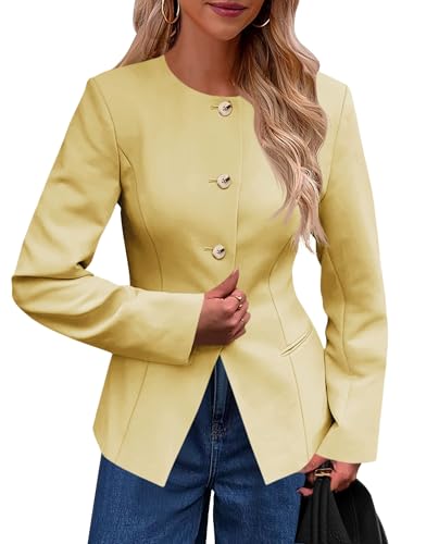Image of Cicy Bell Womens Business Casual Fitted Blazers Collarless Split Hem Work Office Button Down Suit Jackets Yellow