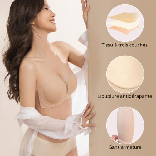 Soutien Gorge Dos Nu Invisible adhesif Push up sans Bretelles autoadhésifs Strapless Bra Femme (FR/ES, Taille de Bonnet & Taille du Soutien-Gorge, B, Noir) – vue 3