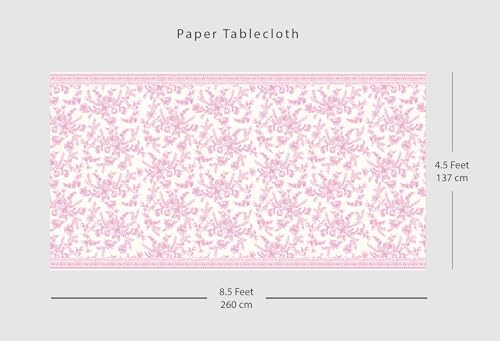 Image of Coterie Pink Toile Paper Tablecloth | Rectangle Tablecloth /Table Cover for Bridal and Baby Shower, Tea Party, Garden Party, Birthday | 8.5' by 4.5' Table Cloth Rectangle Table