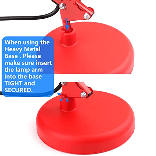 Ameritop Metal Desk Lamp, Adjustable Goose Neck Swing Arm Table Lamp With Interchangeable Base Or Clamp; Eye-Caring Study Desk Lamps For Bedroom, Study, Office, Table (Red) #TOP4