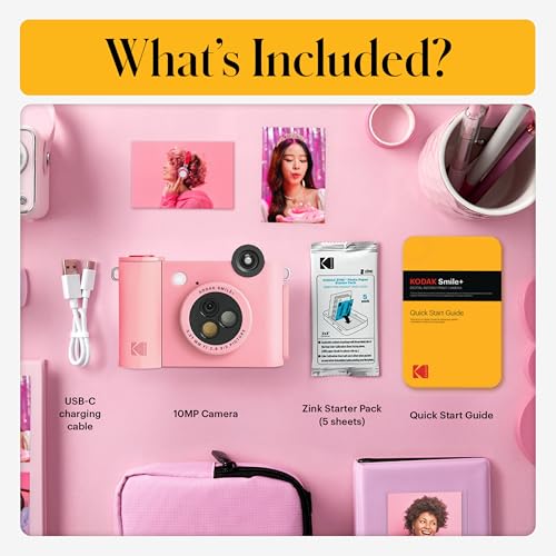 Image of Kodak Smile+ 2-in-1 Digital Instant Print Camera & Photo Printer Gift Bundle + Case + Zink 2x3 Sticky Back Photo Paper 20pk + Album + Sticker Sets + Sticker Frames + Hanging Frames + Markers - Pink