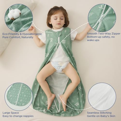 Image of Duomiaomiao Baby Sleep sack 1.0 Tog, 2 Pack Cotton Baby Sleeping Bag All Years Round, Wearable Blanket Unisex Toddler Newborn Sleep Bag 0-6 Months, Green Leaves