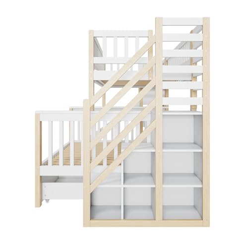 Litera doble multifuncional, cama infantil, cama infantil, con escalera y armarios de almacenamiento, con tobogán y pizarra pequeña, 140 x 200 cm y 90 x 200 cm, color blanco (OLD SKU:N634P1941390123W)