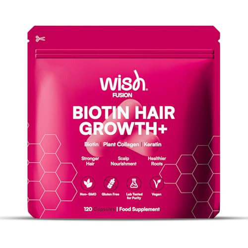 Wish Fusion Biotin Hair Growth Supplement with Plant Collagen & Keratin, Reduce Hair Loss, Strengthen Roots, Boost Shine, Hair Skin & Nails Vitamins for Women & Men, 120 Vegan Capsules, UK Made