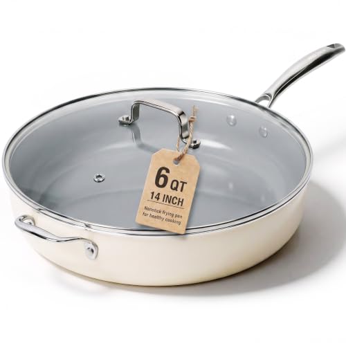 Kikcoin 14-inch cream and grey ceramic deep frying pan with glass lid — shows the deep 6 QT well that holds a family meal