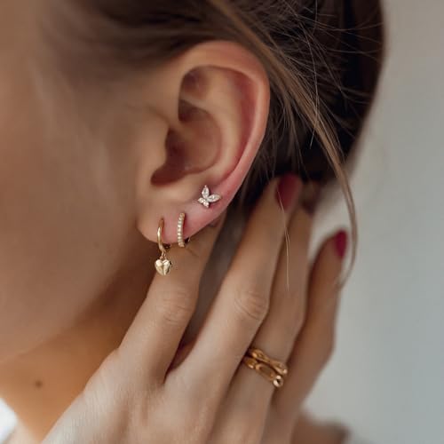 Image of Gold Plated Earrings for Women, 14k Gold Plated Earring Stack Hypoallergenic Pearl Drop Earring Dainty Earrings for Women Trendy Cute Small Huggie Hoop Earring Fashion Womens Jewelry