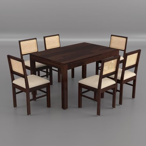 Image of 55 Inch Length Solid Wood Cane 6 Seater Dining Table Set | Six Seater Dining Table With 6 Cushions Chairs For Dining Room | 6 Seater Dining Set for Hotel Restaurant | Sheesham, F-Walnut