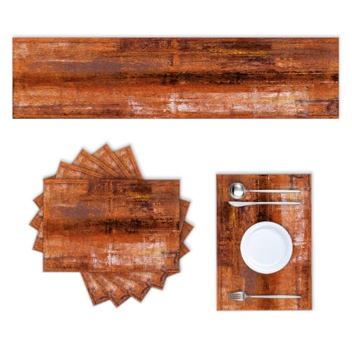 LOKMU Burnt Orange Table Runner and Placemats Set of 6, Abstract Paint Art Home Table Decor for Dining Farmhouse Wedding Party Holiday Dinner, 72x13 inches Table Runner and 6 Placemats