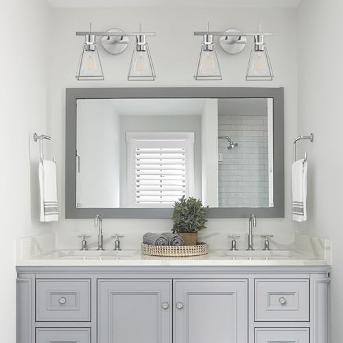 Image of Industrial Bathroom Vanity Lights: 2 Light Silver Brushed Nickel Vintage Metal Cage Wall Lamps - Rustic Farmhouse Light Fixture Over Mirrors Cabinet for Home Hallway