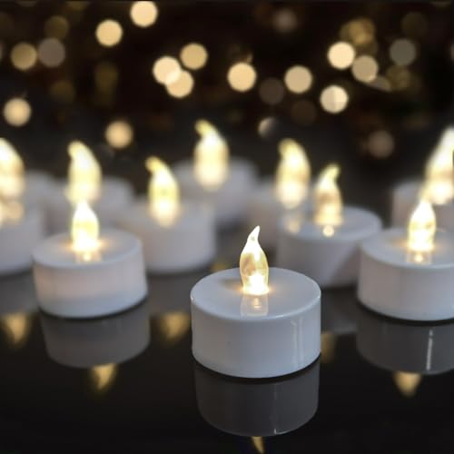 12 Pack Realistic and Bright Flickering Battery Operated Flameless LED Tea Lights Candles,Electric Fake Candle in Warm White Perfect for Valentines Day, Halloween, Christmas, Birthday Decoration