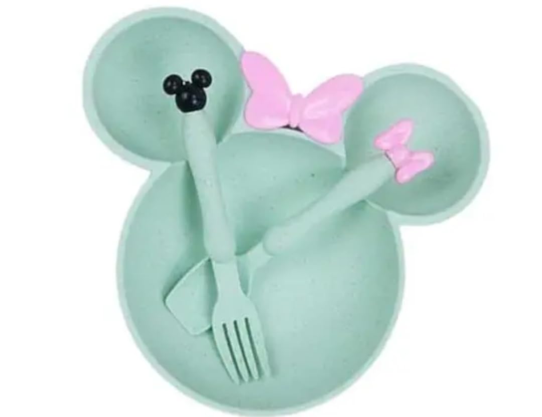 Cute Cartoon Theme Eco-Friendly Wheat Straw Natural Bamboo Fibre Dinner Set for Kids, Toddlers & Babies 1 Plate, 1 Spoon and 1 Fork | Mickie Plate Set (Green)-image-15
