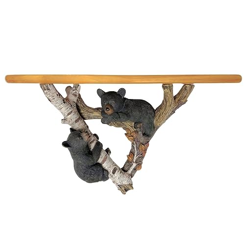 AMAJY Rustic Black Bear Cubs Decorative Wall Sculpture with Wooden Wall Mounted Floating Shelf Cabin Lodge Country Home Decor