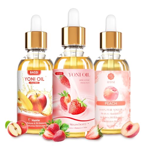 BASSI 3PCS Yoni Oil Organic Feminine Oil Vaginal Moisturizer - Ph Balance for Women - Eliminates Odor Feminine Deodorant - Soothes Ingrown Hair with Strawberry Peach Apple Essential Oil, 1 fl oz/pc