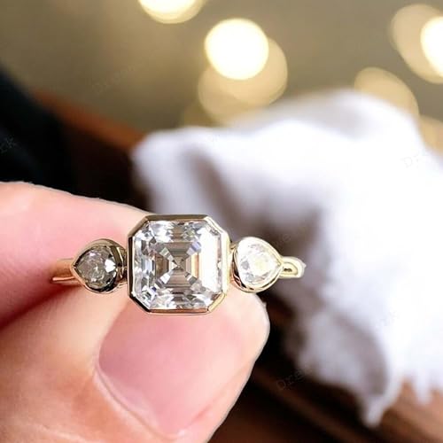 Vintage Asscher Cut Moissanite Engagement Ring for Women 3 Stone Pear Side Stones 14k Yellow Gold Bezel Set Bridal Ring Unique Art Deco Statement Jewelry Gifts2