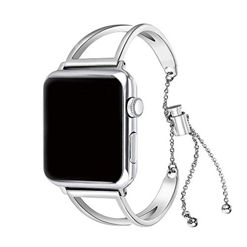 Lerxiuer Correa de pulsera de diseño transpirable compatible con iWatch Series 6 Series 5 Series 4 Series 3 SE 42MM 44MM Mujeres Niñas Elegante correa de acero inoxidable con colgante y borla Cover