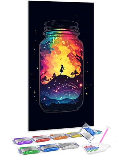 Pintar con diamantes en casa: cuadro de niña y arcoíris 70x40 cm para decorar tu salón