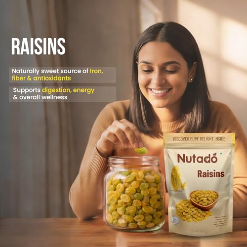 Image of Nutado Premium Indian Green Kishmish 200g |Seedless Kishmish |Long Green Raisins | Premium Dried Grapes | Dry Fruits | Healthy & Tasty Snacks | Fat Free | Source of Dietary Fiber, Potassium | Nutritious, Rich in Iron & Vitamin B | Antioxidant Rich Snack