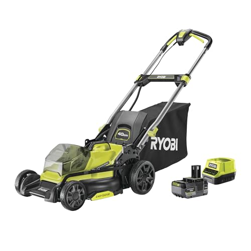 RYOBI - Tondeuse poussée Brushless 18V One+ 40 cm - jusqu'à 600 m² (avec 2 Batteries 4Ah) -1 Batterie 5Ah & Chargeur - RY18LMX40C-150, Vert