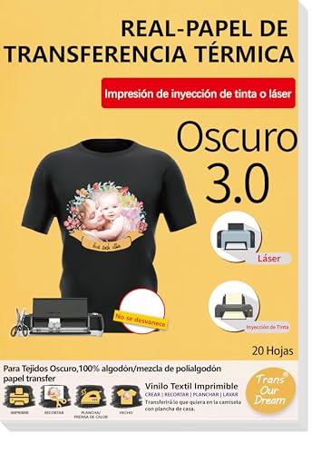 TransOurDream-Marca de confianza.Papel de Transferencia para tejido oscuro,Mejora 3.0,A4 20 Hojas Papel Transfer Para Impresora de Inyección de Tinta o Láser,Perfecto para Fiesta.ES-3-3.0-20