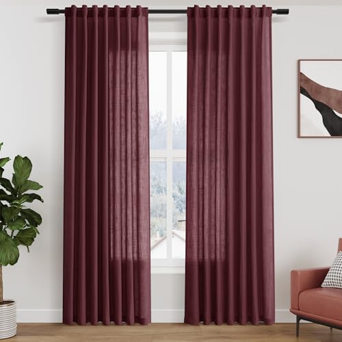 Nanspring Burgundy Linen Curtains 84 Inch Length 2 Panels Set for Living Room Rod Pocket Back Tab Light Filtering Window Drapes for Bedroom Dining Room Protect Privacy Modern Farmhouse Decor 52x84