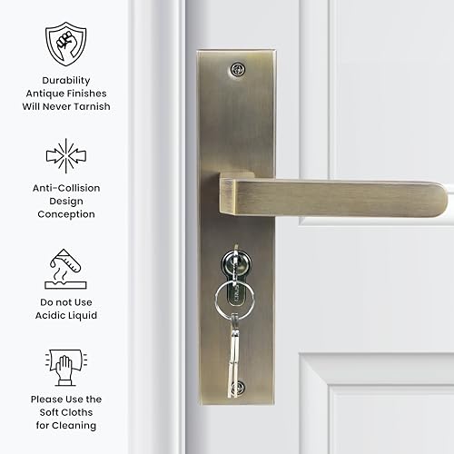 Blue Space Premium 8" Cylindrical Plate Mortise Door Lock Handle Set/Mortise Lock with Brass Lock Body and One Side Key 60mm Brass Cylinder Set with 3 Brass Computer Keys (LB303, Antique)