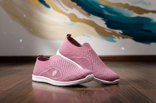 Image of Women's Slip-On Sneakers, Pink, Breathable Knitted Fabric, Lightweight & Flexible Sole