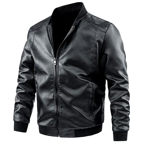 Mens Motorcycle Faux Leather Jacket Lightweight Vintage Classic Jacket Zip Up Biker Pu Leather Outwear Coat (3X-Large,Black)