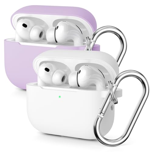 Molylove 2PCS Coque en silicone compatible avec AirPods Pro 3 (2025), Housse de protection pour AirPods Pro 3ème génération, Housse en silicone résistante aux chocs avec mousqueton (Blanc/Violet)