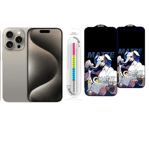 Image of Edge To Edge Matte Tempered Glass Screen Protector Compatible With iPhone 15 Pro, 9H Hardness, Anti-Fingerprint, FHD Clear With Cable Protector Pack 2