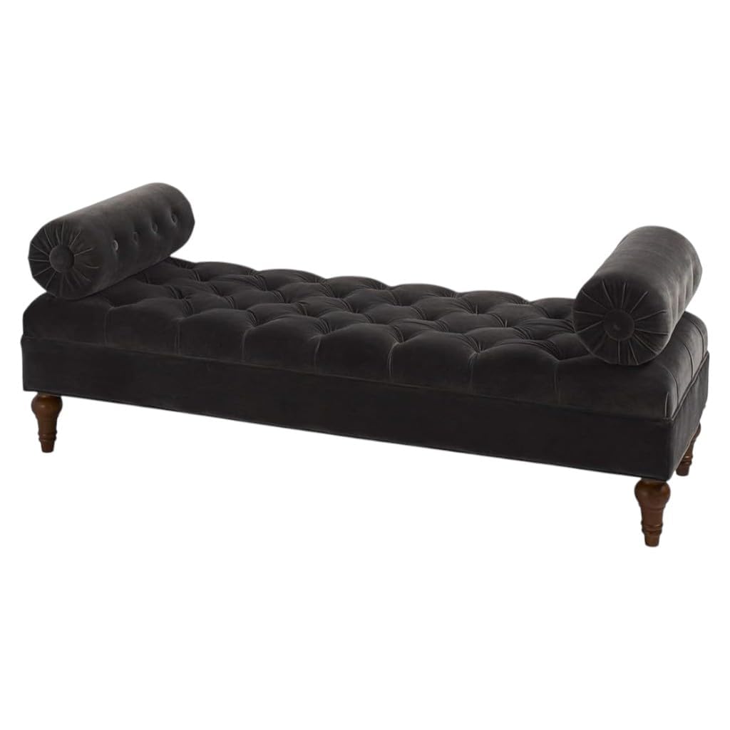 Tufted Velvet Bench with Bolster Roll Arms & Wooden Legs | Bedroom End-of-Bed Bench for Living Room Entryway (Dark Grey)-image-46