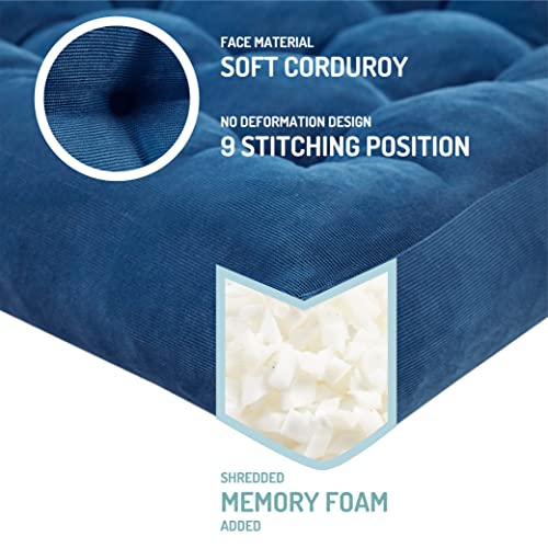 Degrees of Comfort Meditation Floor Pillow Set of 2, Square Large Pillows Seating for Adults, Tufted Corduroy Cushions for Living Room Tatami, Memory Foam Added, Navy Blue, 22x22 Inch