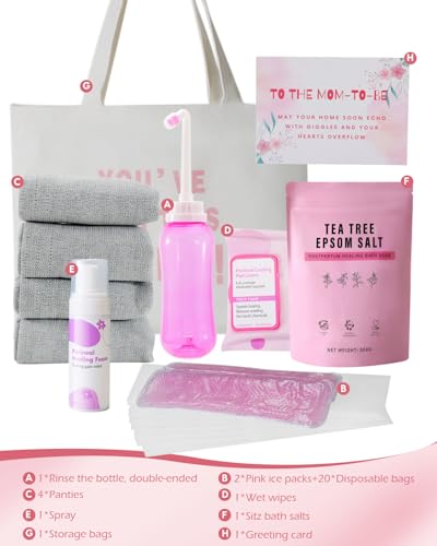 Postpartum Essentials Kit - Peri Bottle,Perineal Ice Packs,Perineal Healing Foam,Disposable Underwears,Cooling Pad Liners,Bath Salts,Canvas Bag,Card,Postpartum Gifts for Mom - Image 3