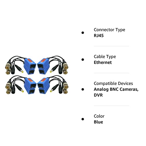 Igreeman 4 Pair Passive Video Balun Bnc To Rj45 Adapter With Power (Upgraded Solution) Full Hd 1080P-8Mp Surveillance Security Camera Ethernet Cable Transceiver Cat5E/Cat6 Cable To Bnc Male Connector #TOP7