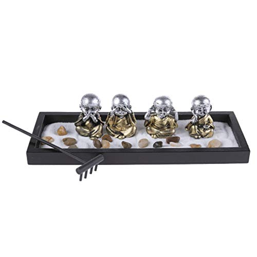 lachineuse - Jardin Zen Japonais 4 Bonzes - Décoration Zen - Jardin Miniature avec Sable - pour Intérieur Maison Bureau - Idée Cadeau Japon - Déco Asie