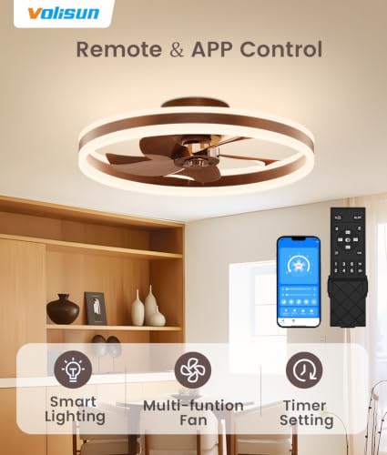 Image of VOLISUN Low Profile Ceiling Fans with Lights and Remote, 20in Flush Mount Ceiling Fans with Light, 3000K-6500K Dimmable Fandelier LED Fan Light, Farmhouse Ceiling Fans with Lights for Bedroom