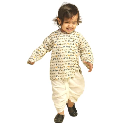 Image of POLKA TOTS Boy's Cotton Full Sleeve Angrakha Kurta with Dhoti Set for Baby Kid, Traditional Ethnic Wear for Kids, Printed Dhoti Kurta Set with Round Neck for Boy's