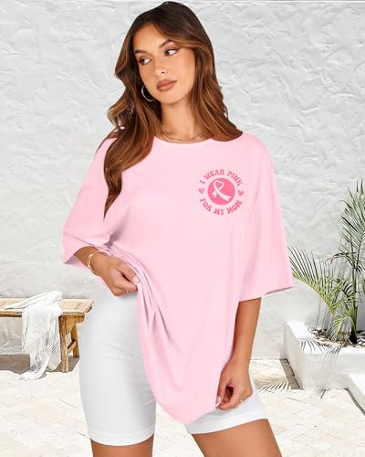 FASHGL I Wear Pink for My Mom T-Shirt Women Breast Cancer Awareness Shirts Pink Ribbon Letter Tee Cancer Fighter Tops3