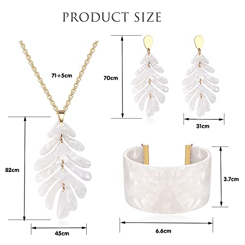 Fansilver Acrylic Jewelry Set For Women Acrylic Pendant Necklace Drop Dangle Leaf Earrings Floral Cuff Bracelets Boho Resin Statement Jewelry Set, White #TOP5