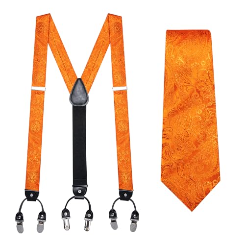 Image of Barry.Wang Men Suspender Set with Necktie Elastic Y Type Heavy Duty 6 Clips Braces Tie Handkerchief Cufflink Pin 6PCS, Solid Light Orange Floral