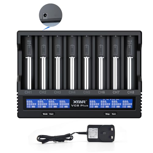 Chargeur de Batterie 18650 8 emplacements XTAR VC8 Plus 3 A Fast 21700 pour Batteries Liion 3,6 V et 1,2 V AA C avec Adaptateur Prise Britannique