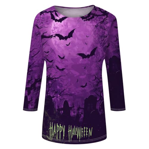 Image of Women Spooky Halloween Graphic Shirt 3 /4 Length Sleeve Crewneck Top | Halloween Funny Printed Pumpkin Plus Size Tshirts 2026 Fall Outfits Skeleton Tee Going Out Tops