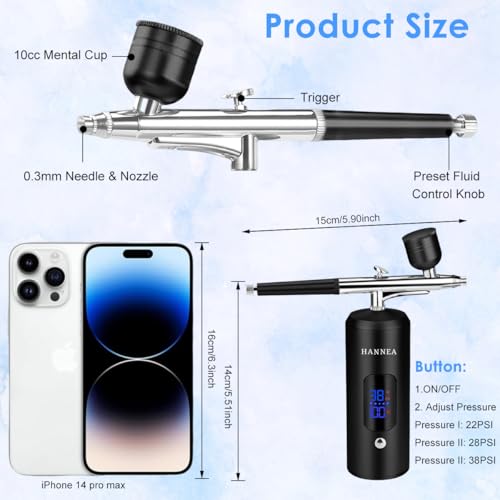 Image of HANNEA Airbrush Kit Rechargeable LCD Air brush Spray Gun with 3 Pressure Level 0.3mm Nozzle Air Brush for Painting & Airbrush Makeup Machine for Barber, Nail Art, Cake Decor, Model Painting(Black)