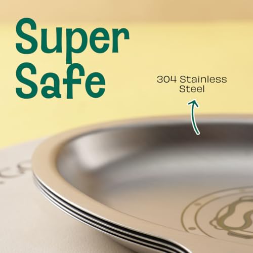 Image of Basil Stainless Steel Plate for Kids - Kids Plates for Food with 4 Compartments - Dinner Plates for Baby - Unbreakable Dinner Plates - Ideal for Birthday, Return Gifting - BPA-Free - Rocket Plate Dino
