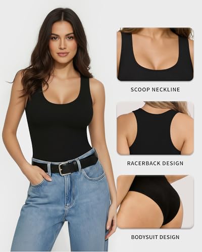 Image of Mangopop Women' Long Sleeve Ribbed Bodysuit Jumpsuits