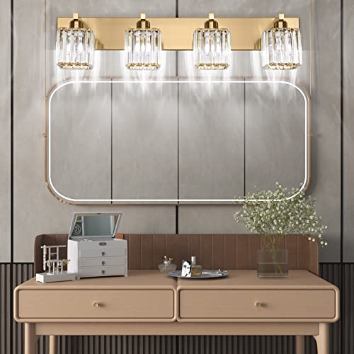 Image of Aipsun Bathroom Lighting Fixtures Modern Crystal Vanity Light Brass 4 Light Bathroom Vanity Light (Exclude Bulb)