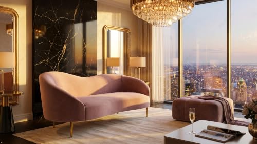 Image of Sixpine Rosewood Luxury Curved Sofa in Premium Velvet-Fabric | Solid Wood Structure | High Density Foam | Sturdy Golden Legs | Comfortable & Stylish Couch for Modern Living Room (Rose Pink, 3 Seater)
