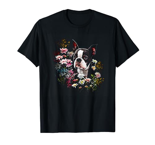 Acuarela Boston Terrier con flores - Bostie Camiseta
